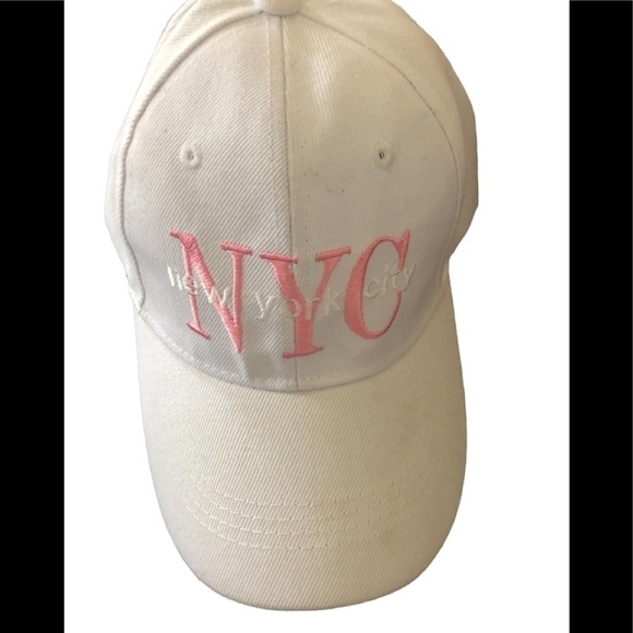 NYC Baseball Cap Embroidered White Pink Hook Loop Adjustable Back OS Casual - Picture 2 of 6